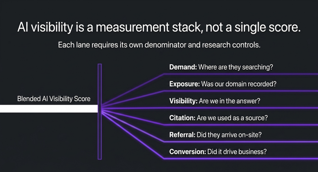 Diagram showing separate evidence lanes for measuring AI visibility